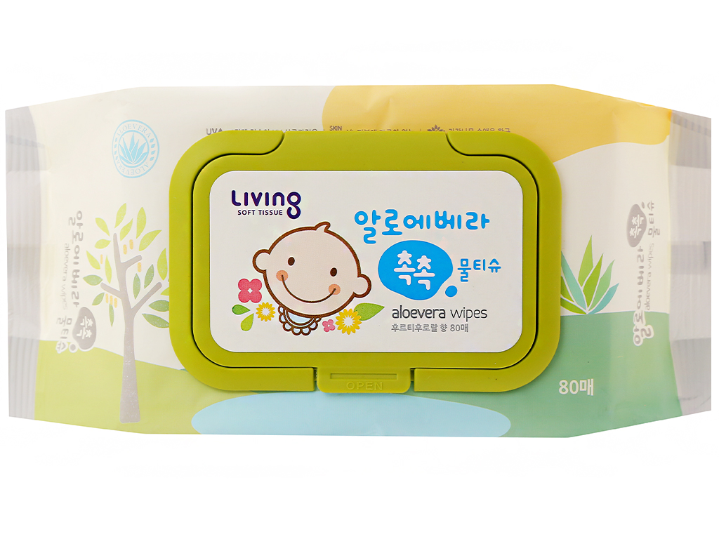 Khăn ướt em bé Living Aloe Vera Chok Chok hương tự nhiên gói 80 miếng