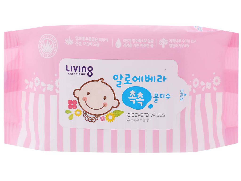 Khăn ướt em bé Living Aloe Vera Chok Chok hương tự nhiên gói 30 miếng